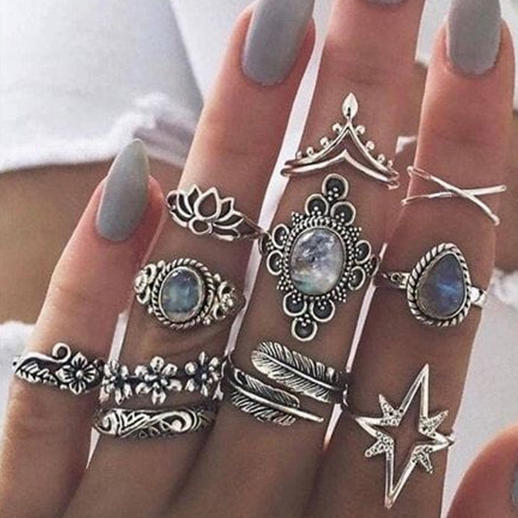 11Pcs Lotus Feather Gemstone Ring Set