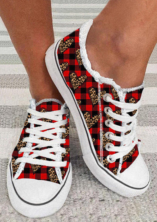 

Valentine Leopard Heart Plaid Flat Sneakers - Red, SCM010446