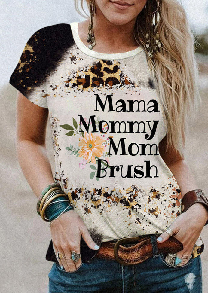 Mama Mommy Mom Brush Leopard Floral T-Shirt Tee