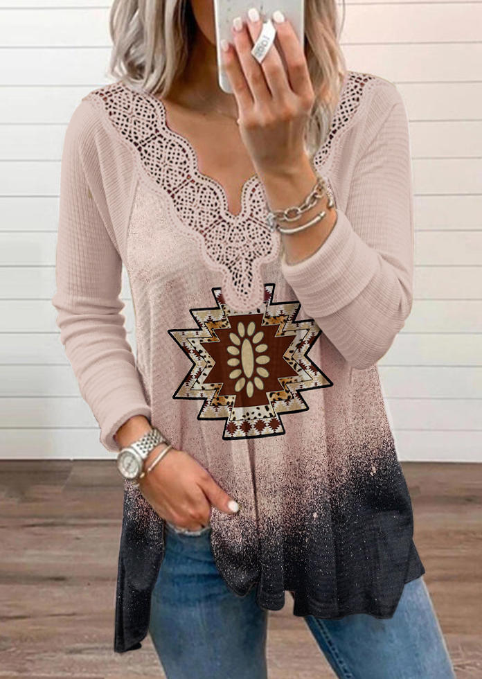 

Lace Aztec Geometric Splicing Raglan Sleeve Blouse - Khaki, SCM010507