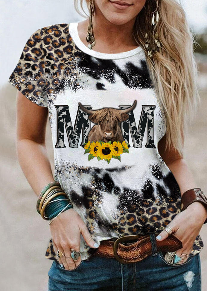 Mom Highland Cattle Sunflower Leopard Bleached T-Shirt Tee