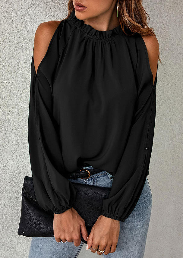 

Ruffled Hollow Out Cold Shoulder Blouse - Black, SCM010612