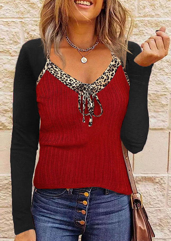 

Leopard Color Block Tie Long Sleeve Blouse, Multicolor, SCM010655