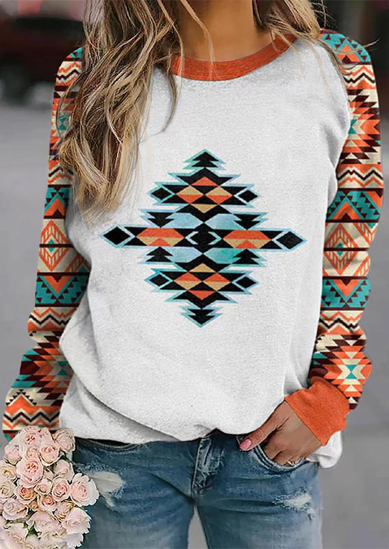

Aztec Geometric Raglan Sleeve Pullover Sweatshirt - White, SCM010243