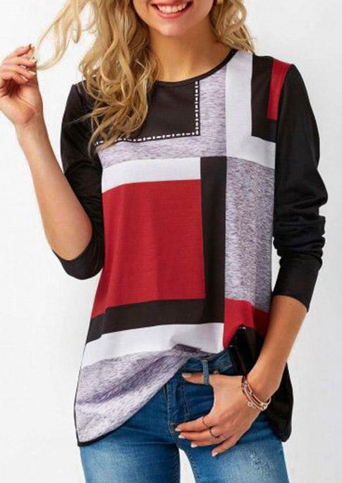 Color Block Long Sleeve O-Neck Blouse - Red
