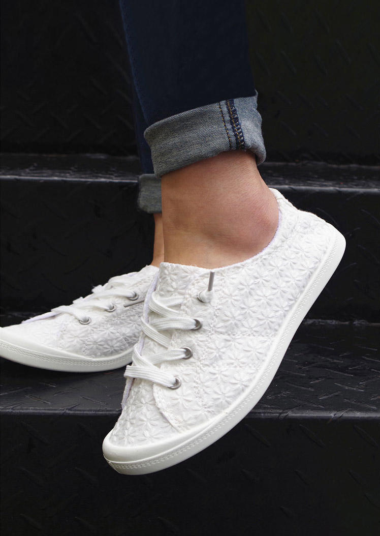 Floral Lace Up Flat Sneakers - White