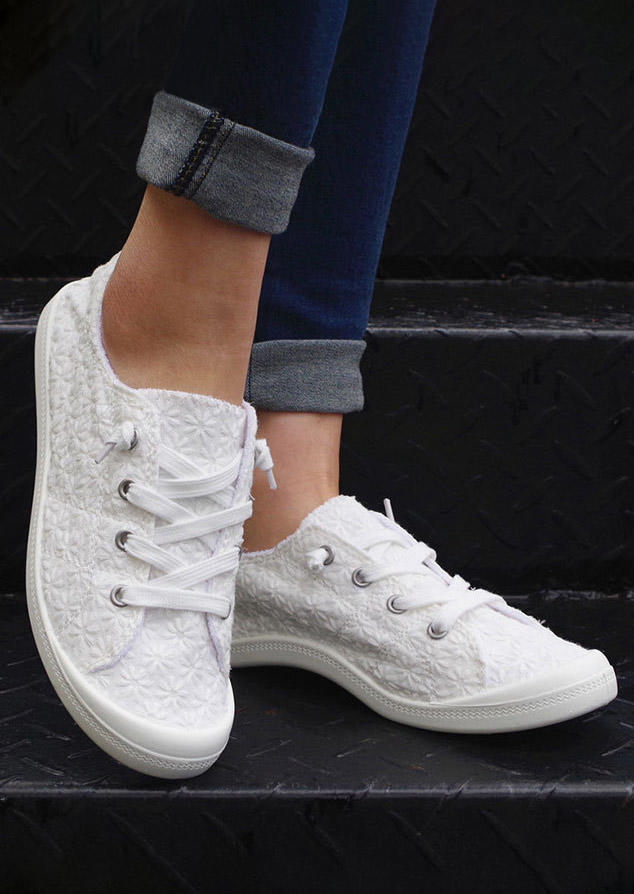 Floral Lace Up Flat Sneakers - White