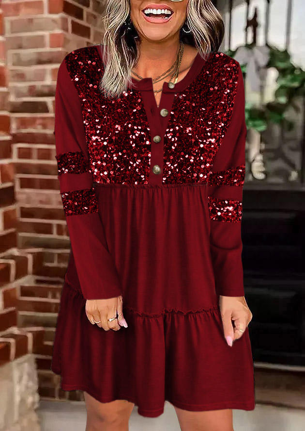 

Glitter Button Ruffled Long Sleeve Mini Dress - Burgundy, Red, SCM010533