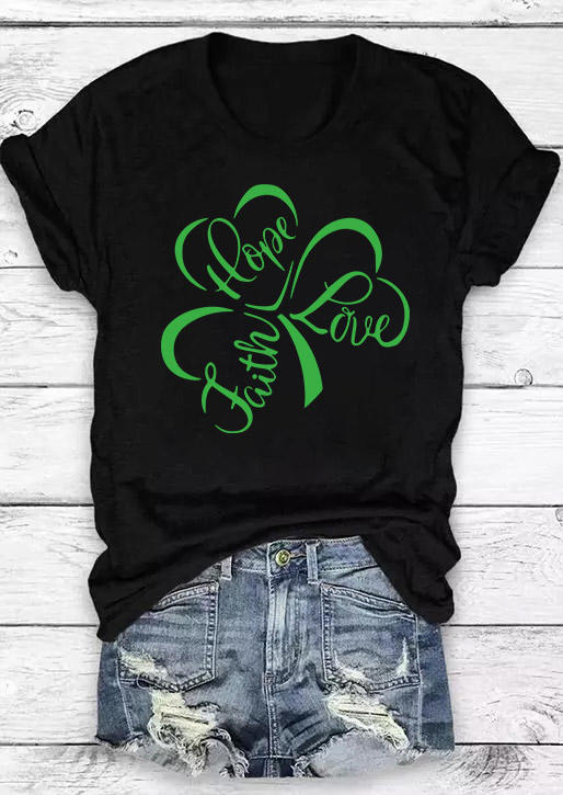 

St. Patrick' Day Faith Hope Love Lucky Shamrock T-Shirt Tee - Black, SCM010673