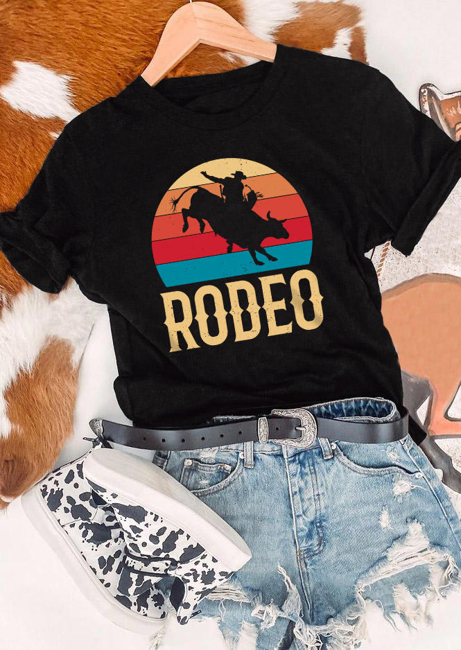 Rodeo Cowboy O-Neck T-Shirt Tee - Black