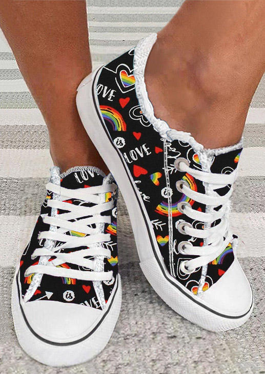 

Valentine Love Rainbow Heart Round Toe Flat Sneakers - Black, SCM010738