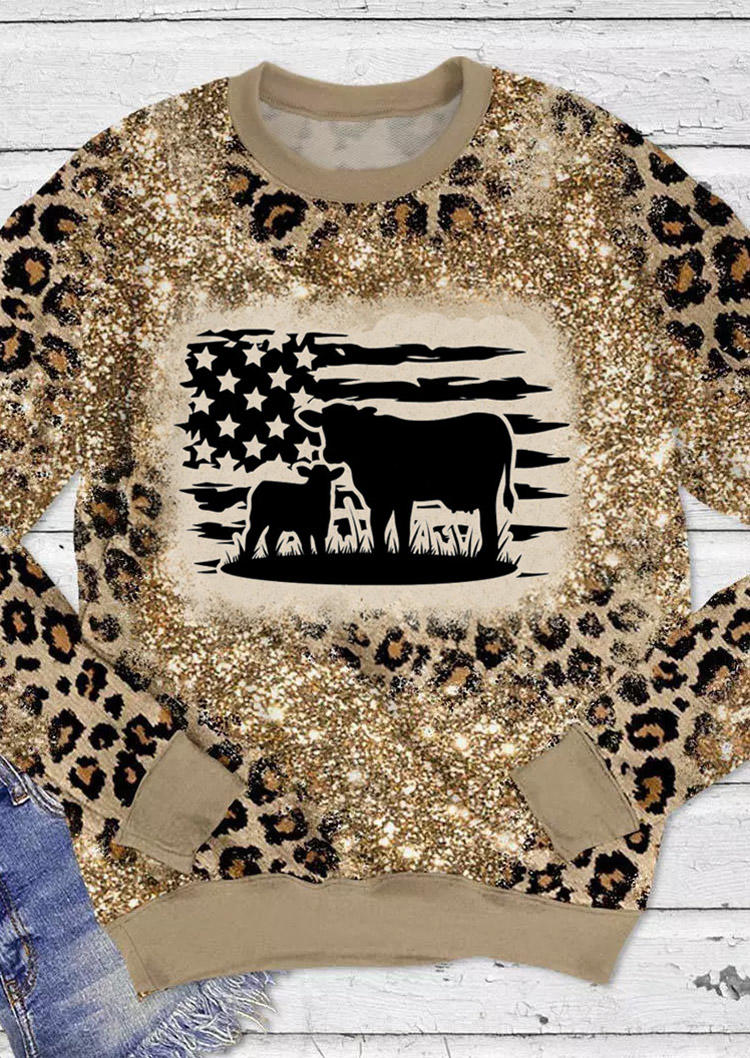 Leopard Glitter American Flag Pullover Sweatshirt SCM010741
