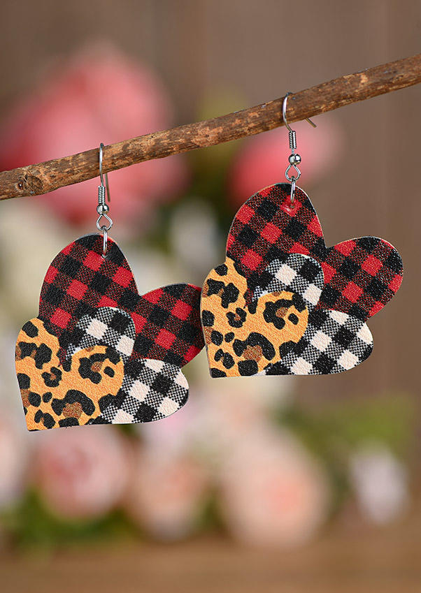 Valentine Plaid Leopard Heart Earrings