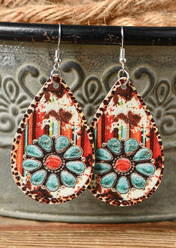 Cow Turquoise Floral Double Sided Water Drop Earrings