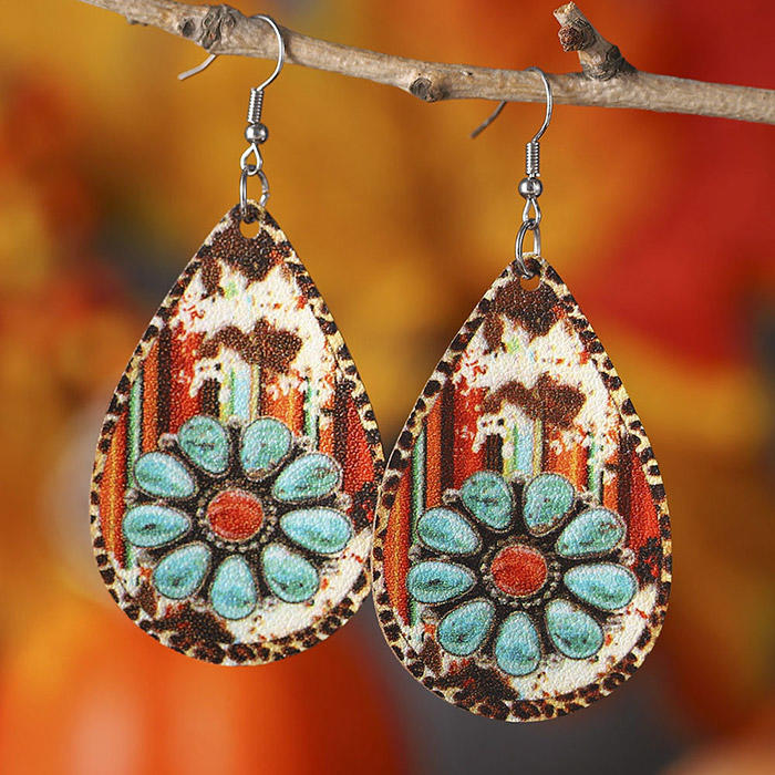 Cow Turquoise Floral Double Sided Water Drop Earrings