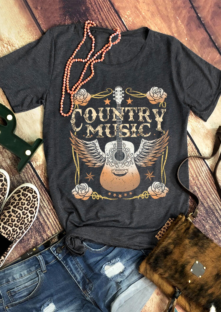 Country Music Floral Guitar O-Neck T-Shirt Tee - Gray