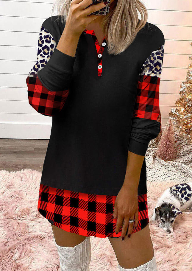 

Leopard Plaid Button Sweatshirt Mini Dress, Multicolor, SCM008733