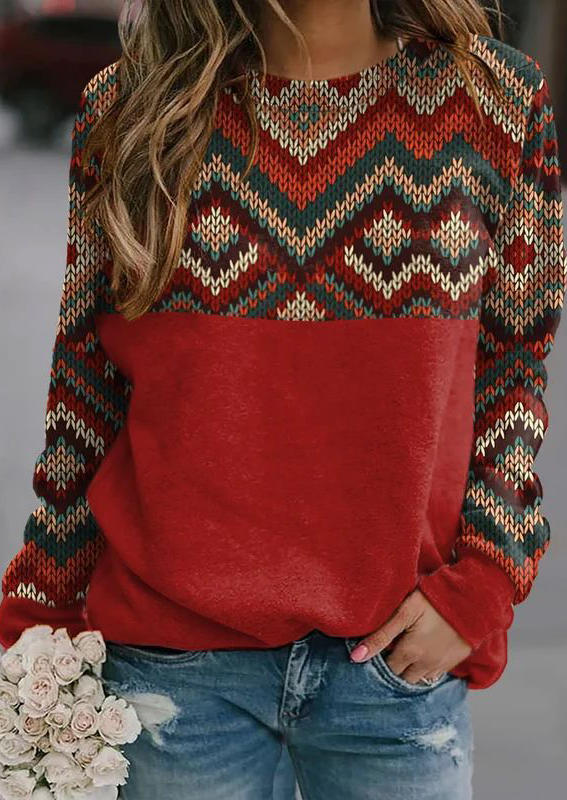 

Western Aztec Geometric Zigzag O-Neck Sweatshirt - Red, SCM010405