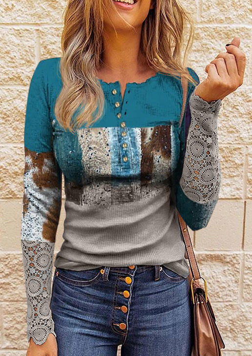

Button Lace Splicing Long Sleeve Blouse, Multicolor, SCM010505