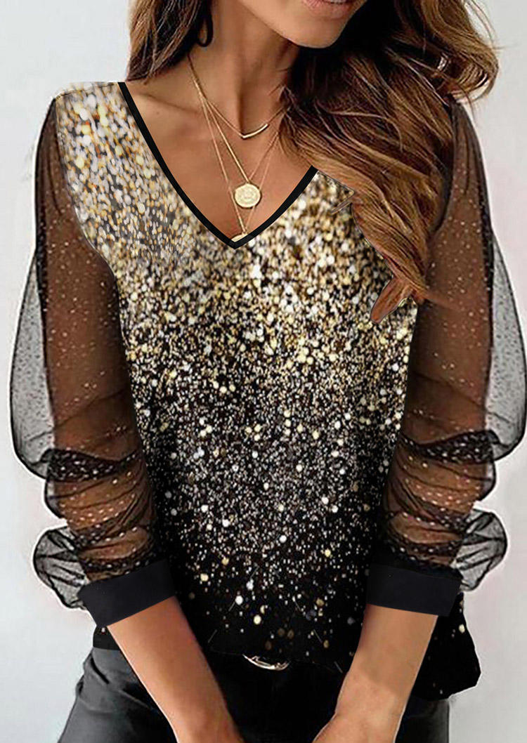

Glitter Mesh Splicing V-Neck Blouse - Black, SCM010611