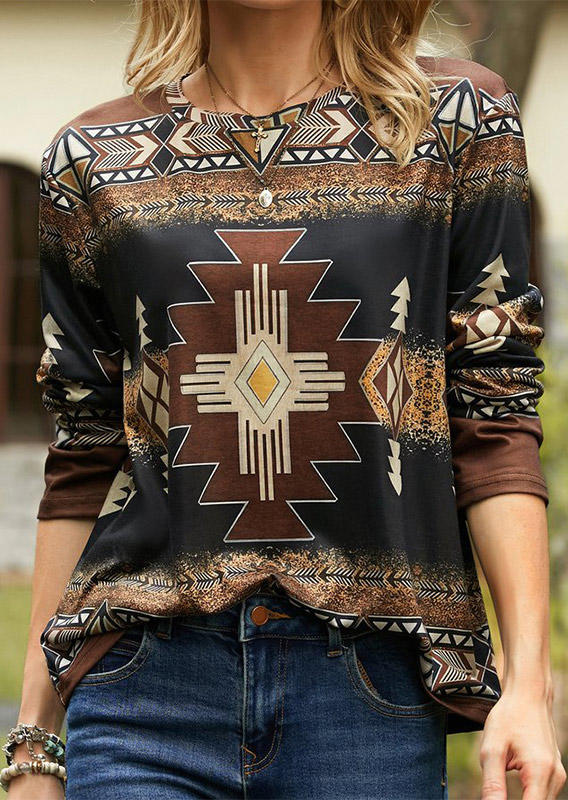 

Aztec Geometric Arrow Long Sleeve Blouse, Multicolor, SCM010714