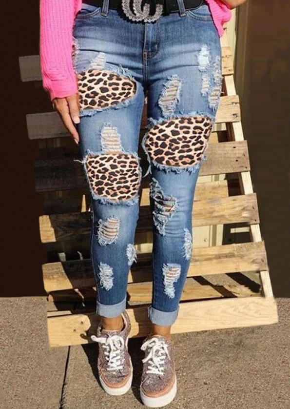 Ripped Leopard Pocket Skinny Jeans - Blue