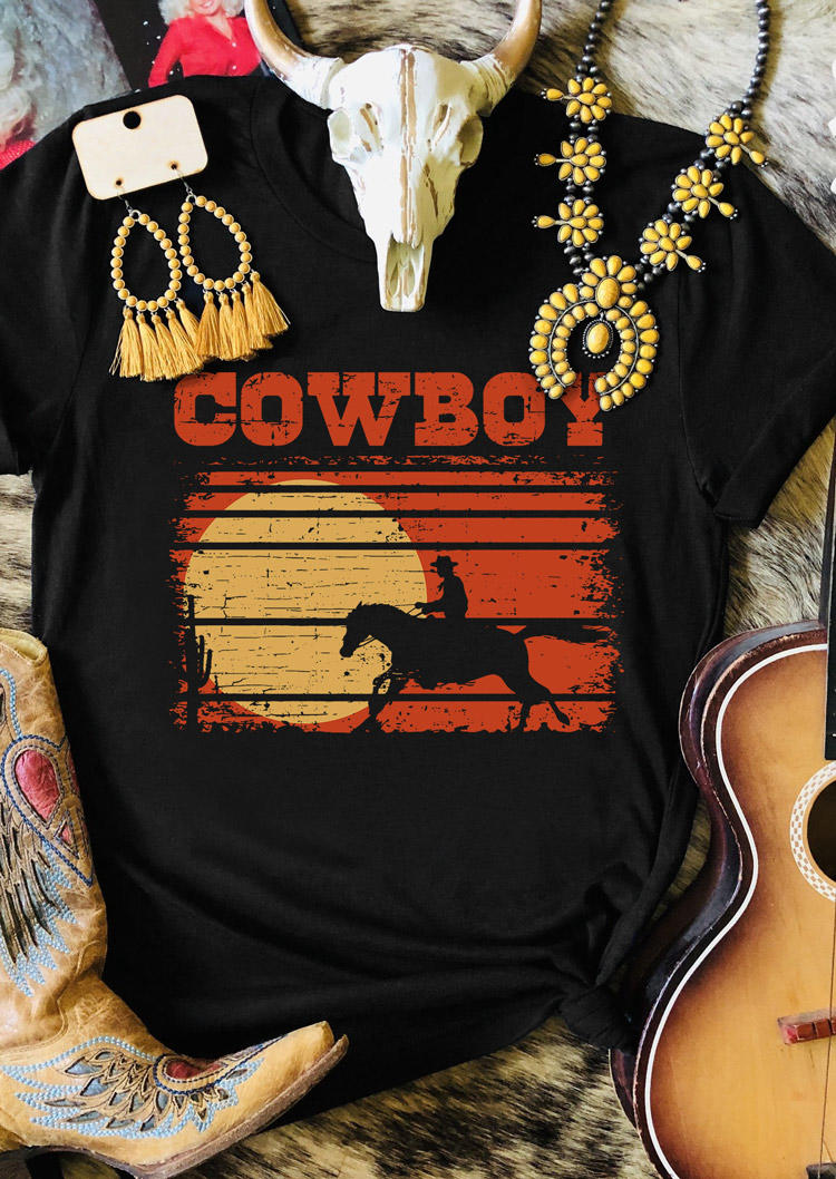 

Cowboy Sunset O-Neck T-Shirt Tee, Black, SCM010743