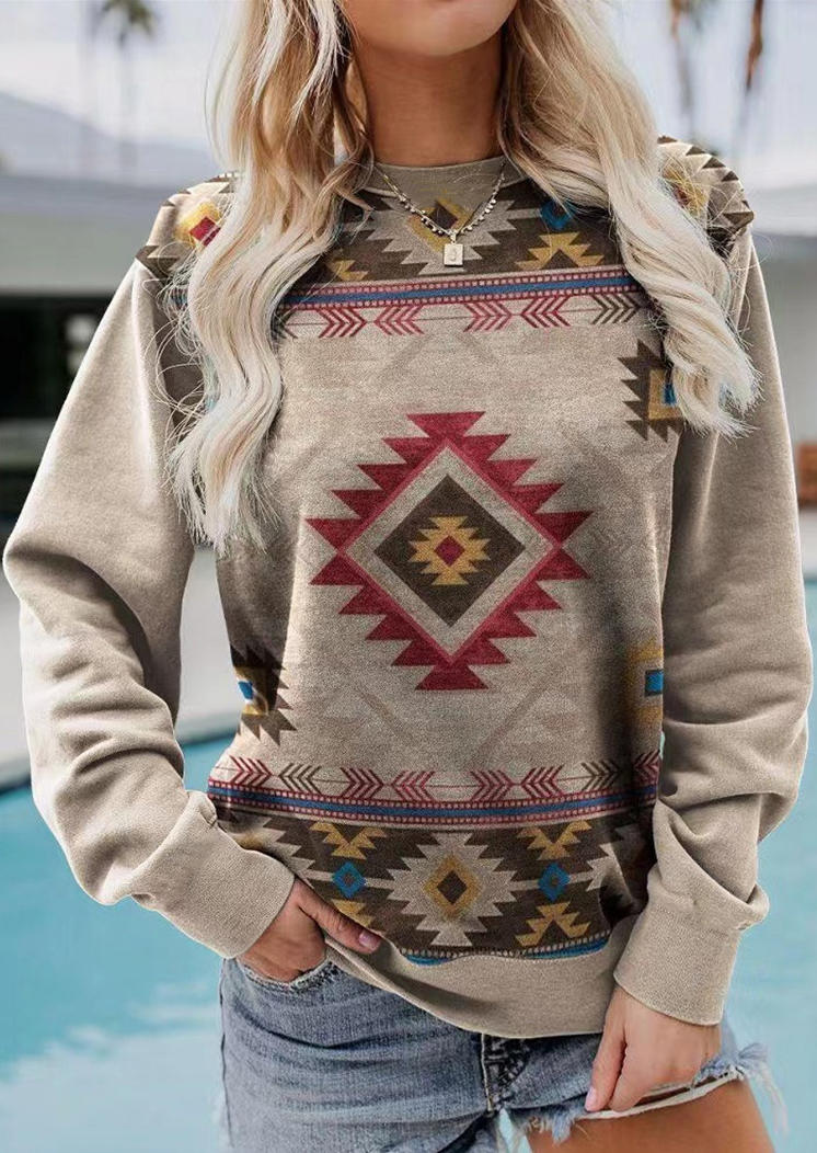 

Aztec Geometric Long Sleeve Pullover Sweatshirt, Multicolor, SCM010758
