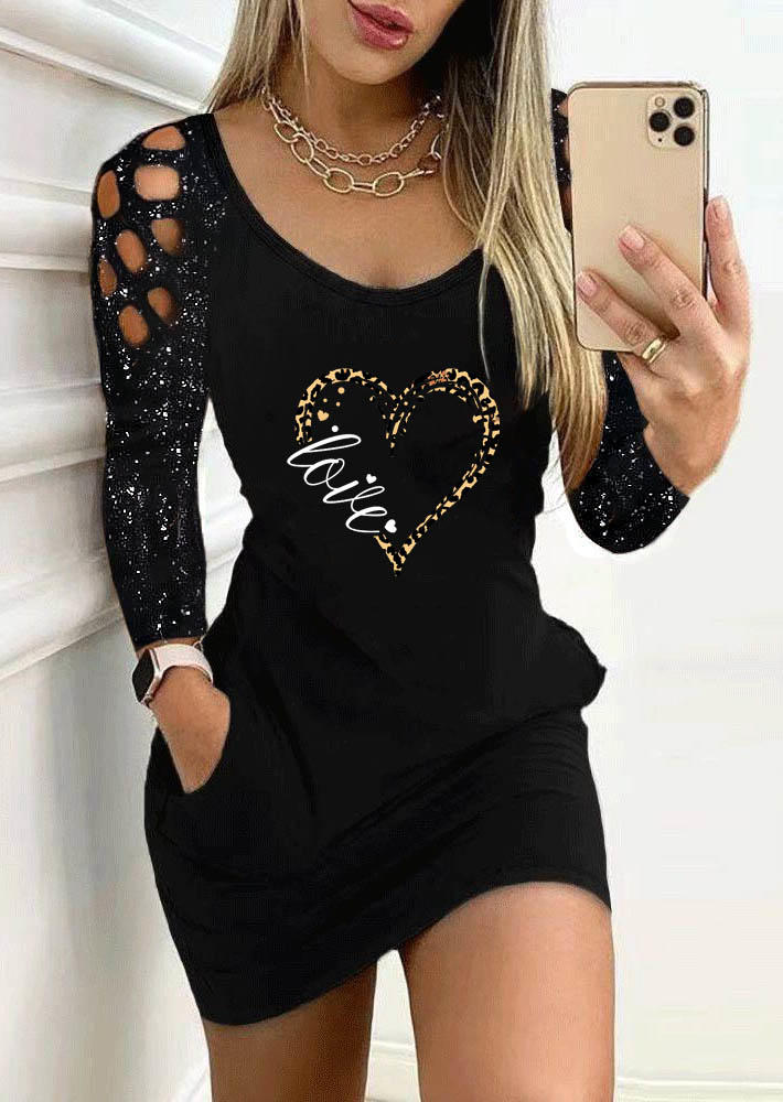 

Love Heart Glitter Criss-Cross Pocket Mini Dress - Black, SCM010816