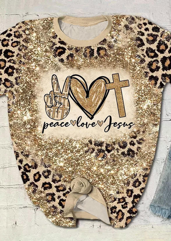 

Peace Love Jesus Leopard Glitter T-Shirt Tee, Multicolor, SCM010239