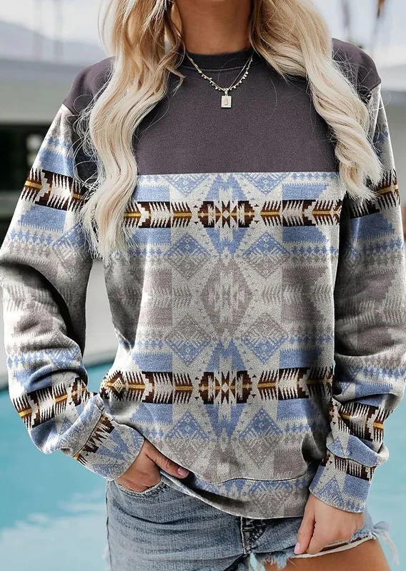

Aztec Geometric Long Sleeve Pullover Sweatshirt, Multicolor, SCM010382