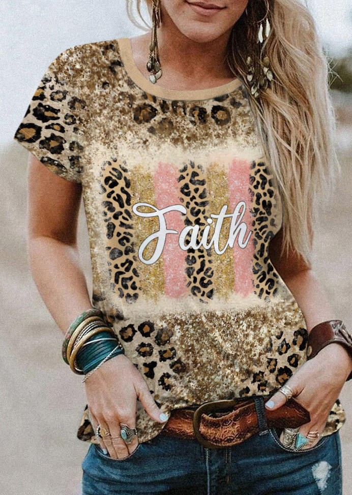 Faith Leopard Glitter Bleached O-Neck T-Shirt Tee