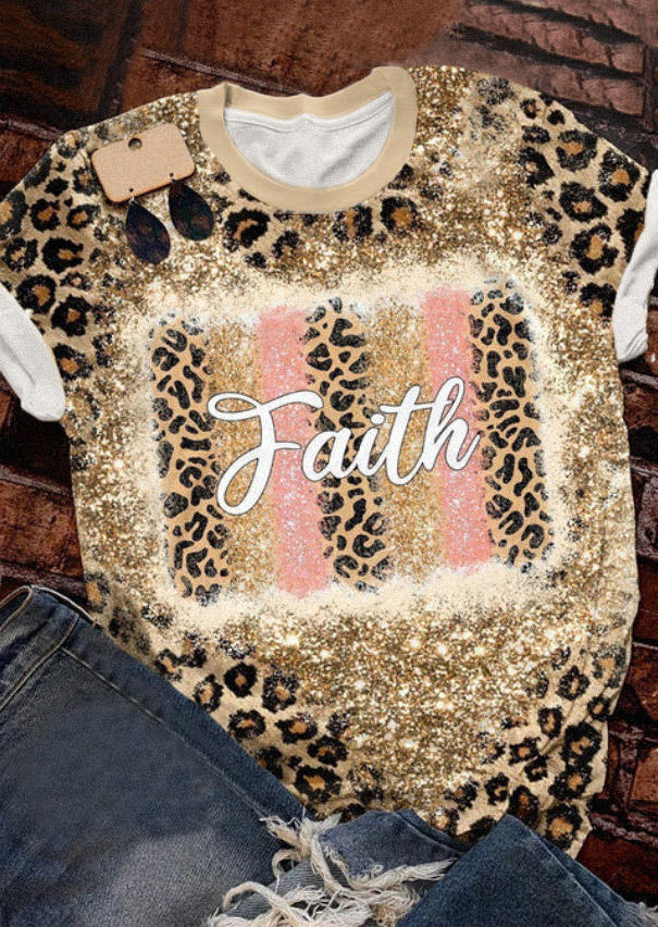 

Faith Leopard Glitter Bleached O-Neck T-Shirt Tee, Multicolor, SCM010554