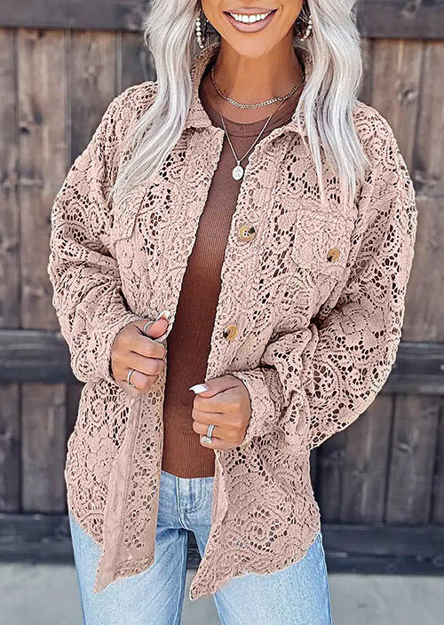 

Lace Splicing Pocket Shirt Coat, Pink, SCM010766