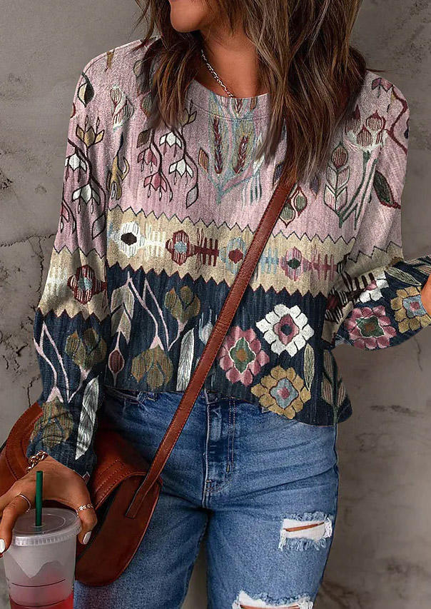 

Floral O-Neck Long Sleeve Blouse, Multicolor, SCM010840
