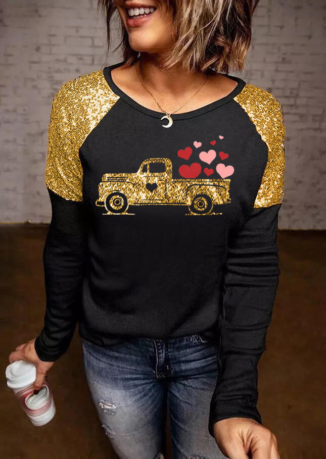 

Valentine Glitter Heart O-Neck T-Shirt Tee - Black, SCM010885