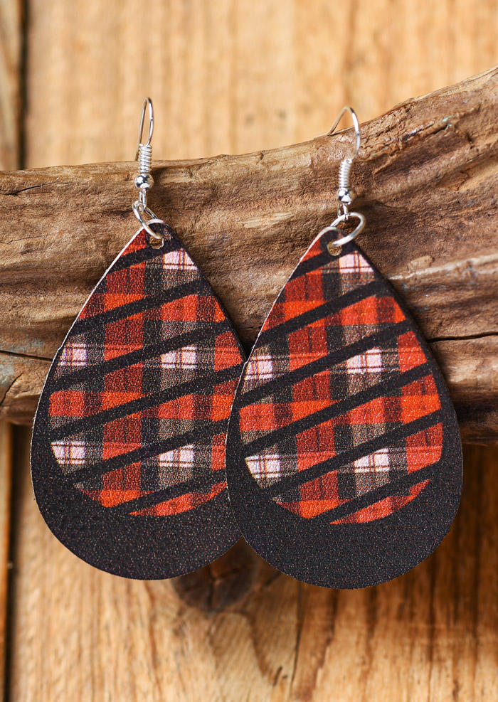 Plaid PU Leather Water Drop Earrings