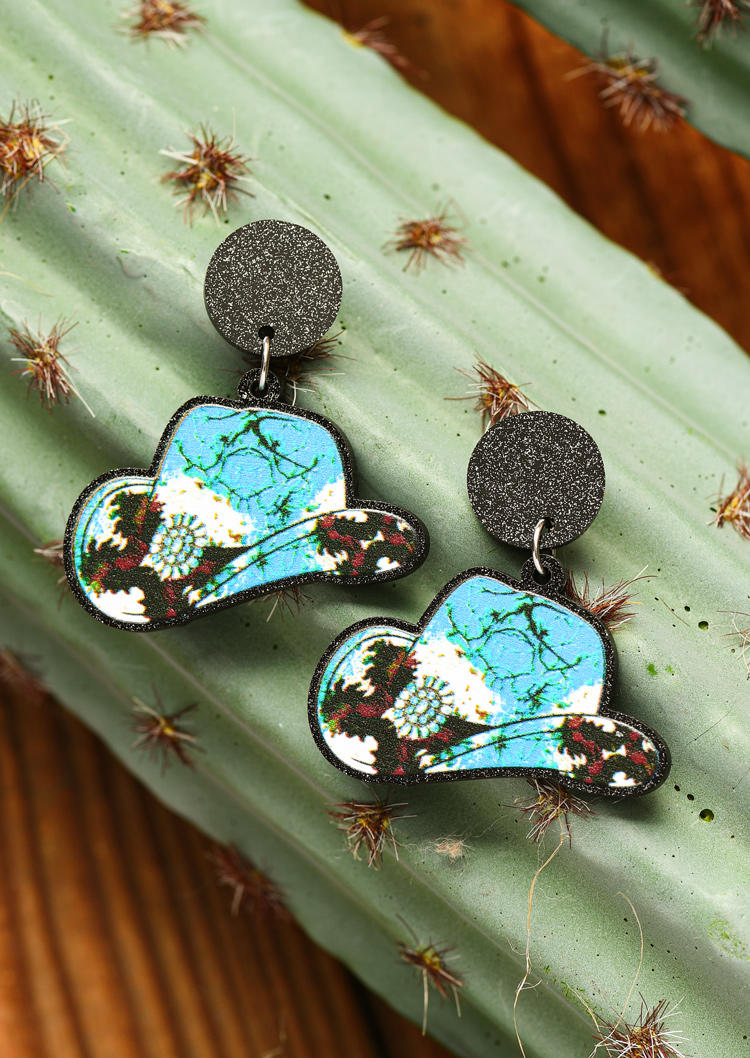 

Western Turquoise Cow Hat Earrings, Multicolor, SCM010541