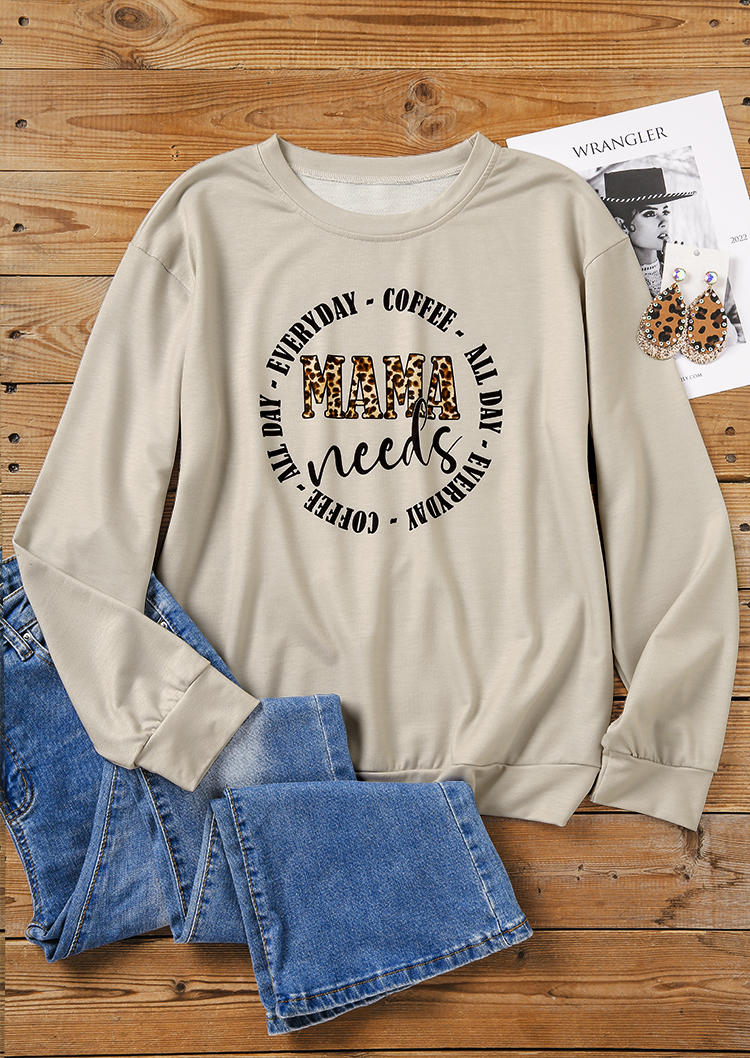 Mama Needs Coffee All Day Everyday Leopard Pullover Sweatshirt - Apricot