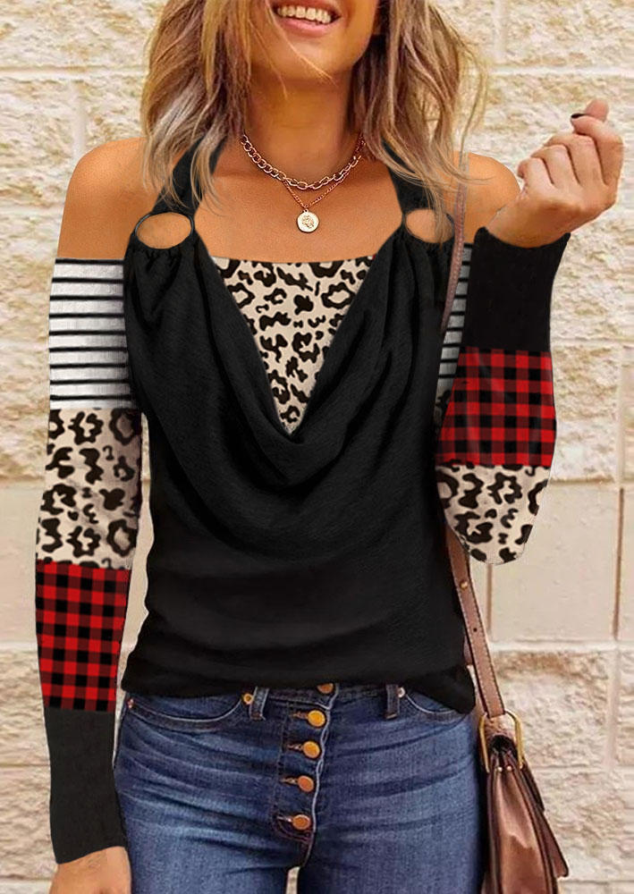 

Leopard Plaid Striped Long Sleeve Blouse - Black, SCM010643