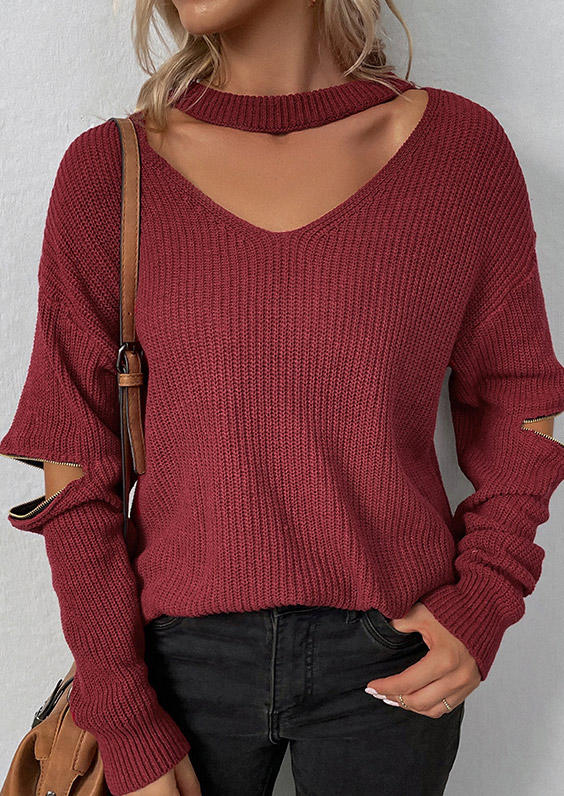 

Hollow Out Zipper Long Sleeve Sweater - Burgundy, Red, SCM010646