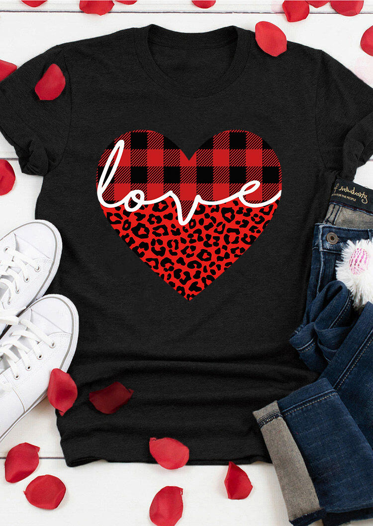 

Valentine Love Leopard Plaid O-Neck T-Shirt Tee - Black, SCM010819