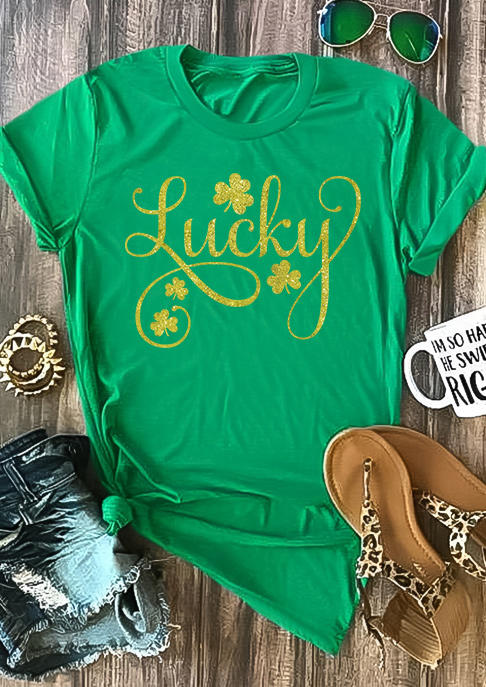 

St. Patrick' Day Lucky Shamrock Glitter T-Shirt Tee - Green, SCM010826