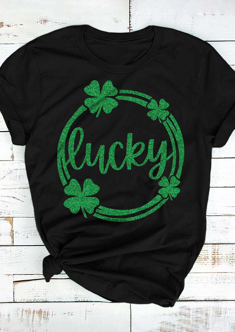 

St. Patrick's Day Lucky Shamrock Glitter O-Neck T-Shirt Tee - Black, SCM010893