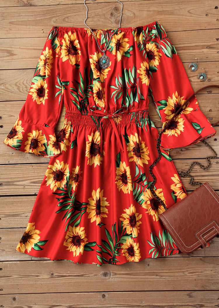 Sunflower Leaf Elastic Waist Off Shoulder Mini Dress - Red