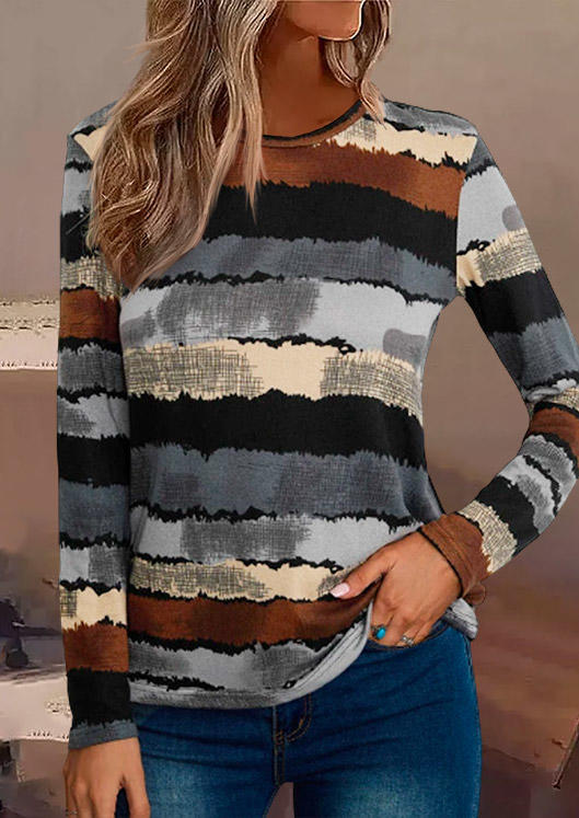 

Color Block Long Sleeve O-Neck Blouse, Multicolor, SCM009941