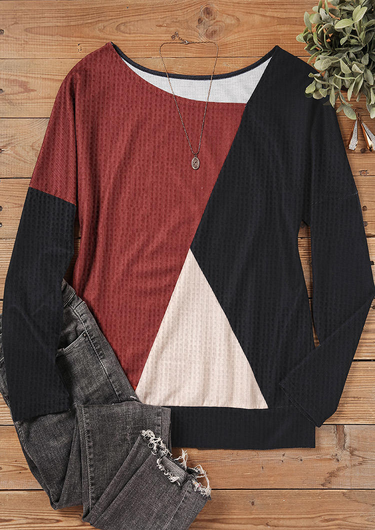 Color Block Irregular Collar Waffle Blouse