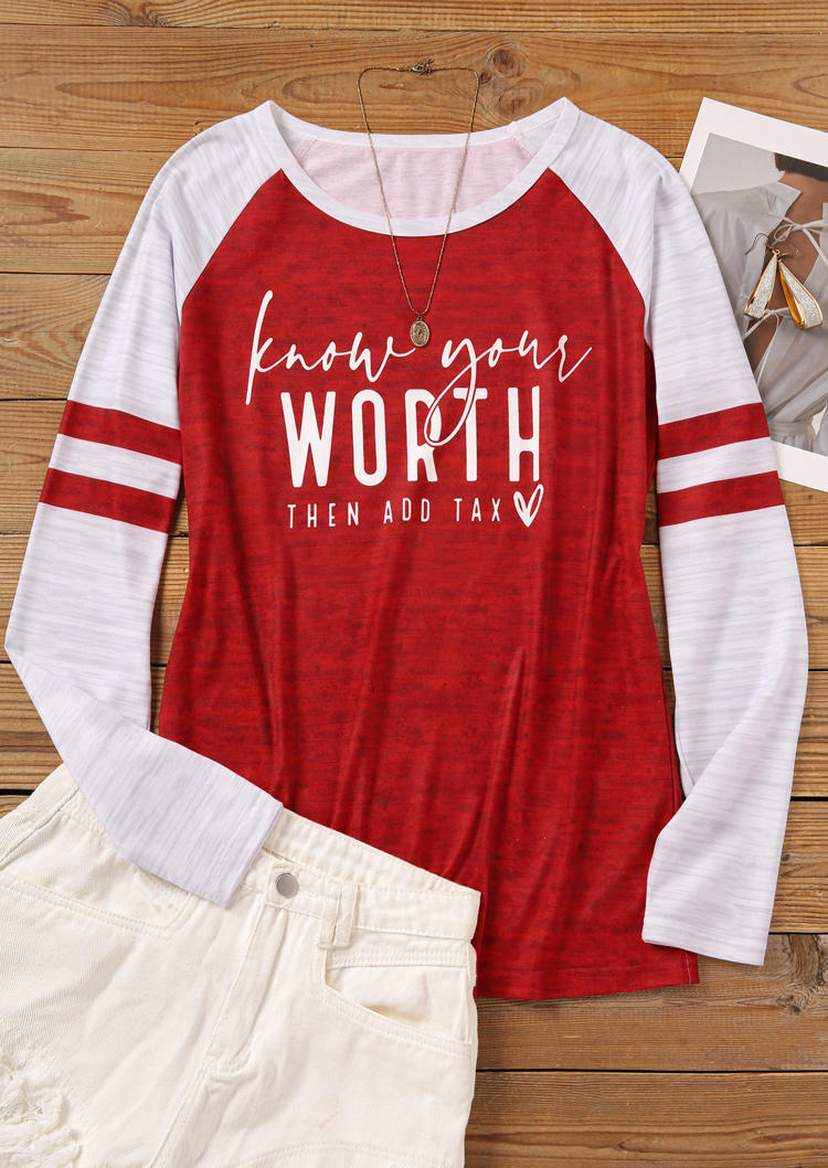 Know Your Worth Then Add Tax Raglan Sleeve T-Shirt Tee - Red