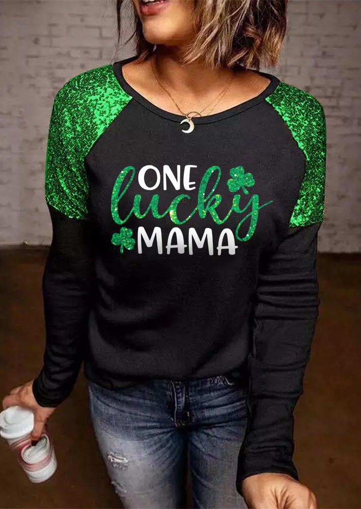 St. Patrick's Day One Lucky Mama Glitter T-Shirt Tee - Black SCM010675