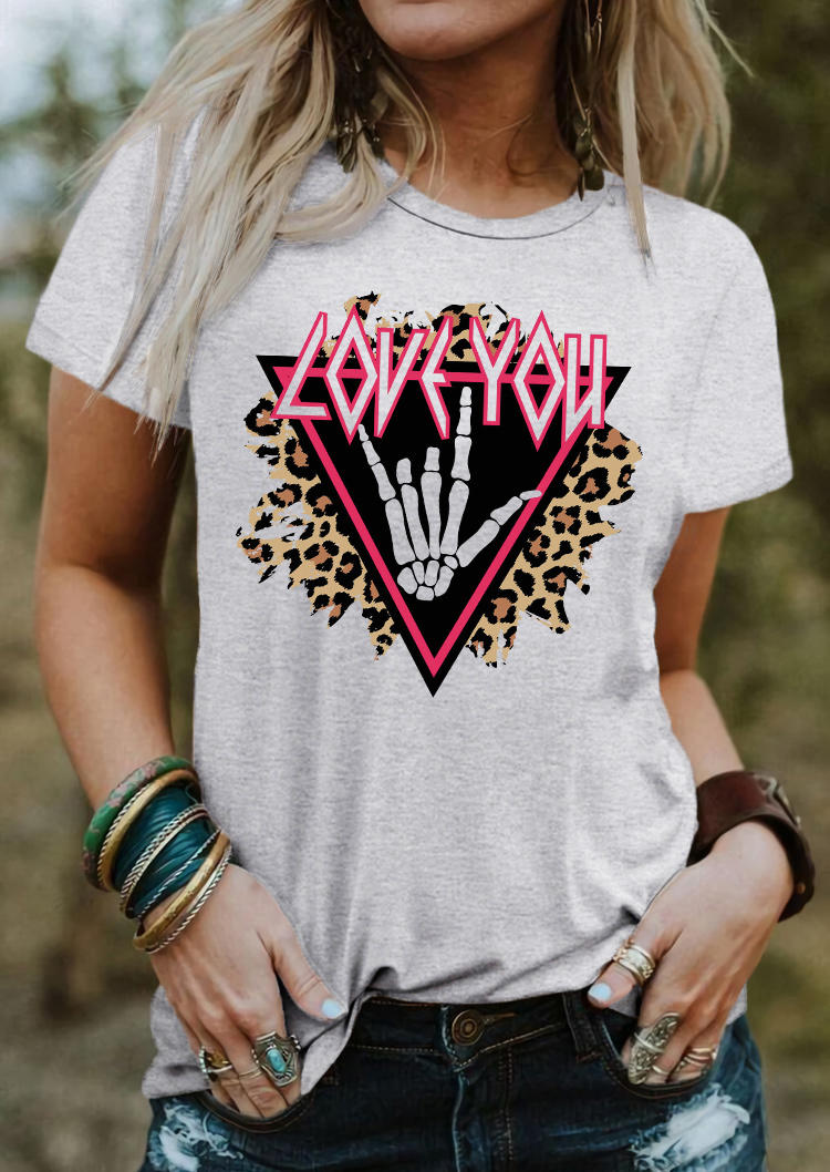 Valentine Love You Leopard Skeleton Hand T-Shirt Tee - Light Grey